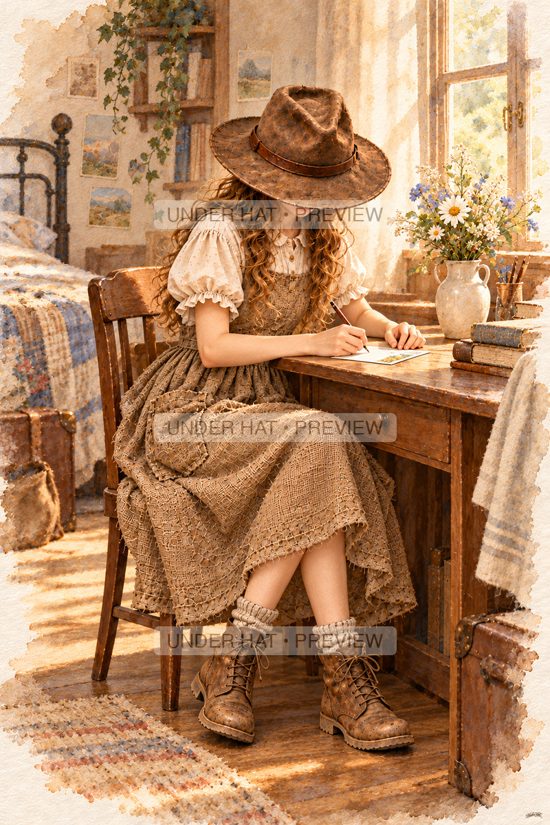 A young woman in a brown hat and long dress writes a postcard at a student desk beside a vase of flowers. (UH-TL-SCO-F-06) — watermarked digital art preview