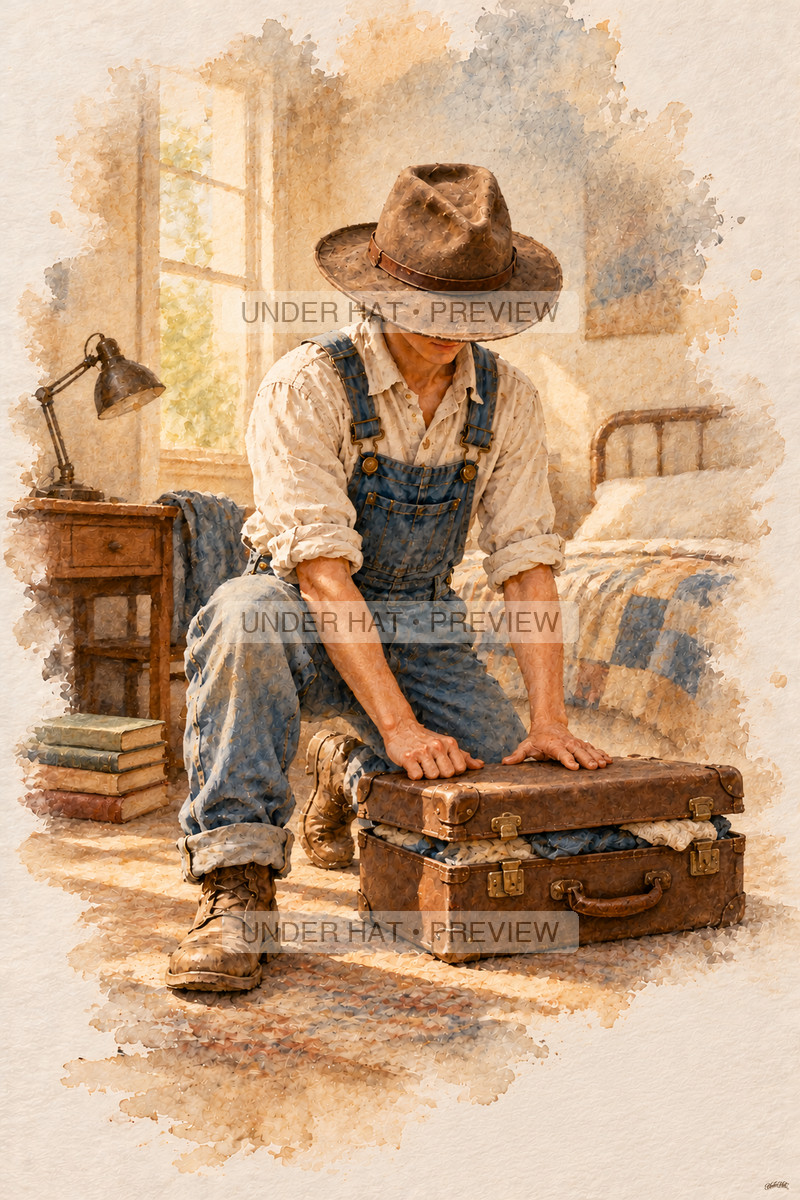 A young man in a worn brown hat kneels beside a suitcase, pressing its lid closed in a sunlit bedroom. (UH-TL-SCO-M-01) — watermarked digital art preview