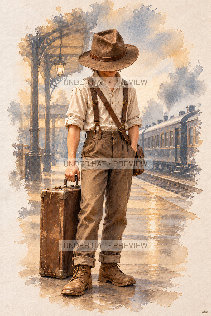 A young man in a brown travel hat stands safely on a quiet station platform holding a suitcase, with a satchel at his side. (UH-TL-SCO-M-02) — watermarked digital art preview