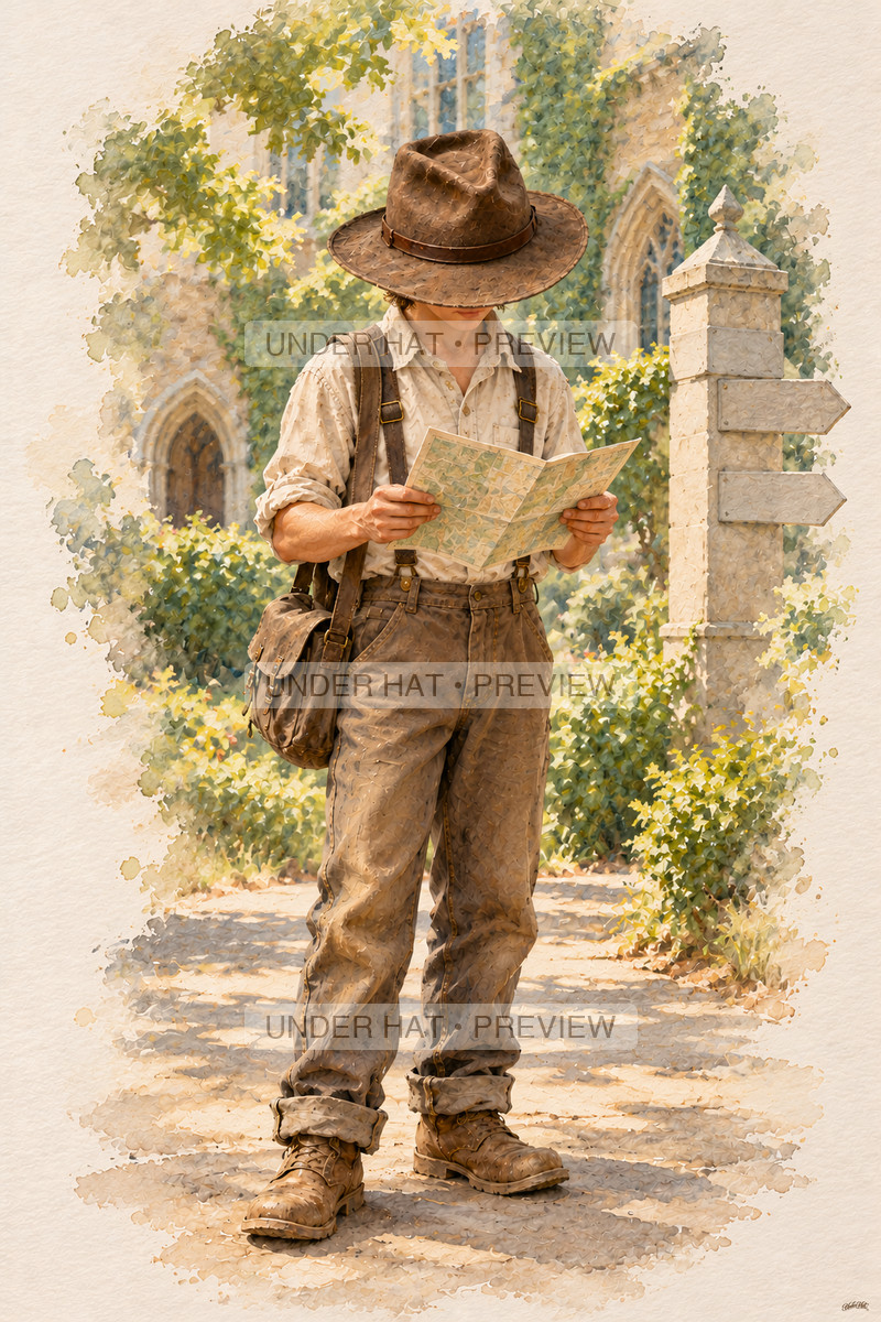 A young man in a brown hat studies a folded campus map beside a plain stone direction marker and ivy-covered college buildings. (UH-TL-SCO-M-03) — watermarked digital art preview
