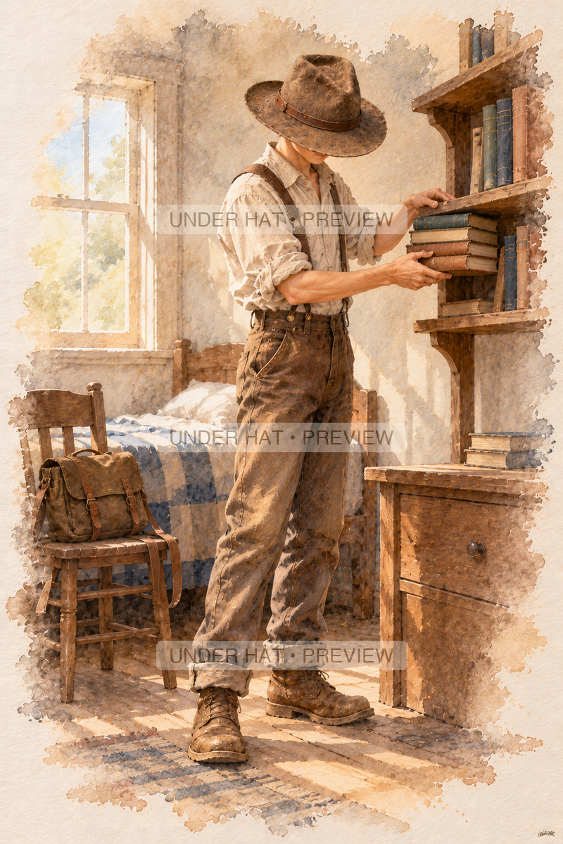 A young man in a brown hat places clothbound books on a wooden shelf in his softly lit student room. (UH-TL-SCO-M-04) — watermarked digital art preview