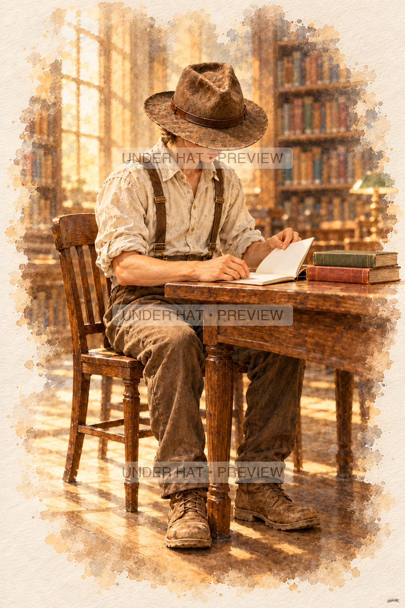 A young man in a brown hat sits at a college library table opening a notebook beside two books. (UH-TL-SCO-M-05) — watermarked digital art preview