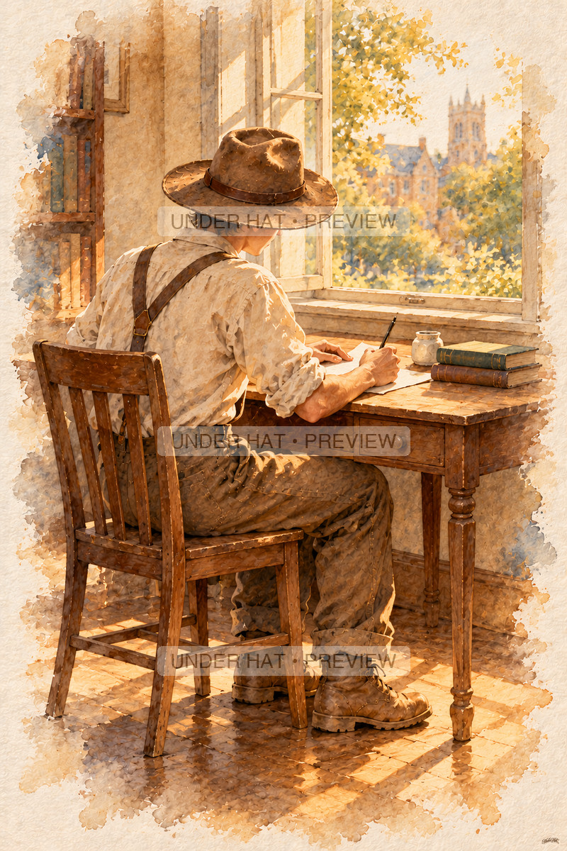 Seen from behind, a young man in a brown hat writes a letter at a student desk overlooking leafy campus trees. (UH-TL-SCO-M-06) — watermarked digital art preview