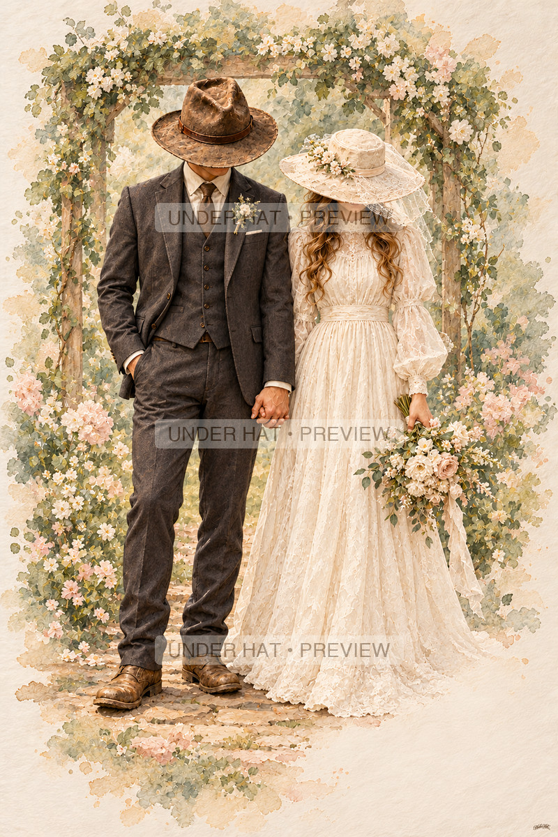 A bride in a full-length ivory gown, wide hat and short veil stands holding hands with a groom in a dark suit and brown hat beneath a flower-covered garden arbor. (UH-TL-WED-C-01) — watermarked digital art preview