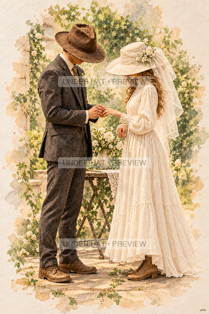 A groom in a brown hat gently places a ring on his bride’s hand beside a small flower-topped garden table; her ivory hat and veil shade her eyes. (UH-TL-WED-C-02) — watermarked digital art preview