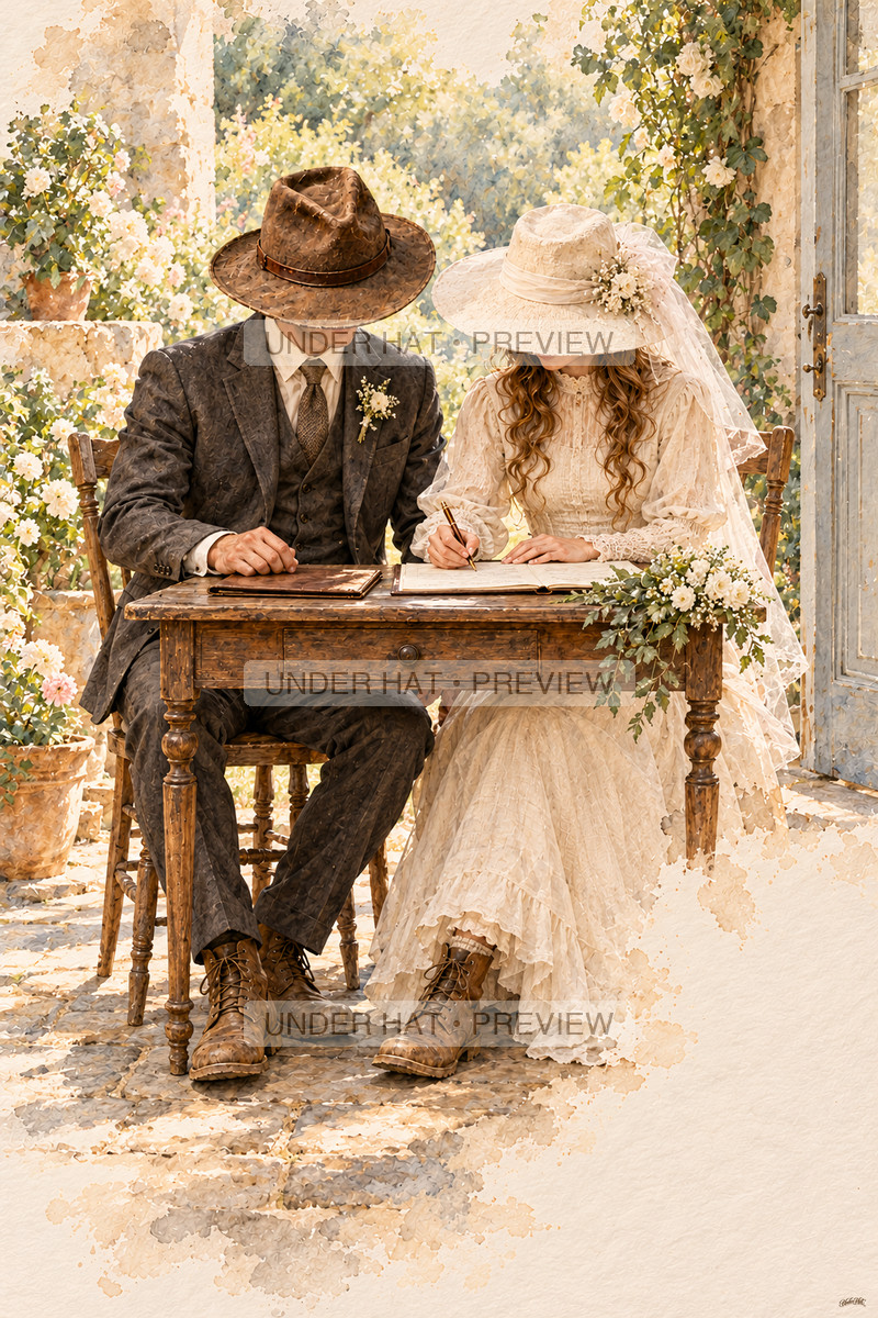 A bride in an ivory hat and veil signs an open register at a wooden desk while her groom in a dark suit and brown hat sits beside her. (UH-TL-WED-C-03) — watermarked digital art preview