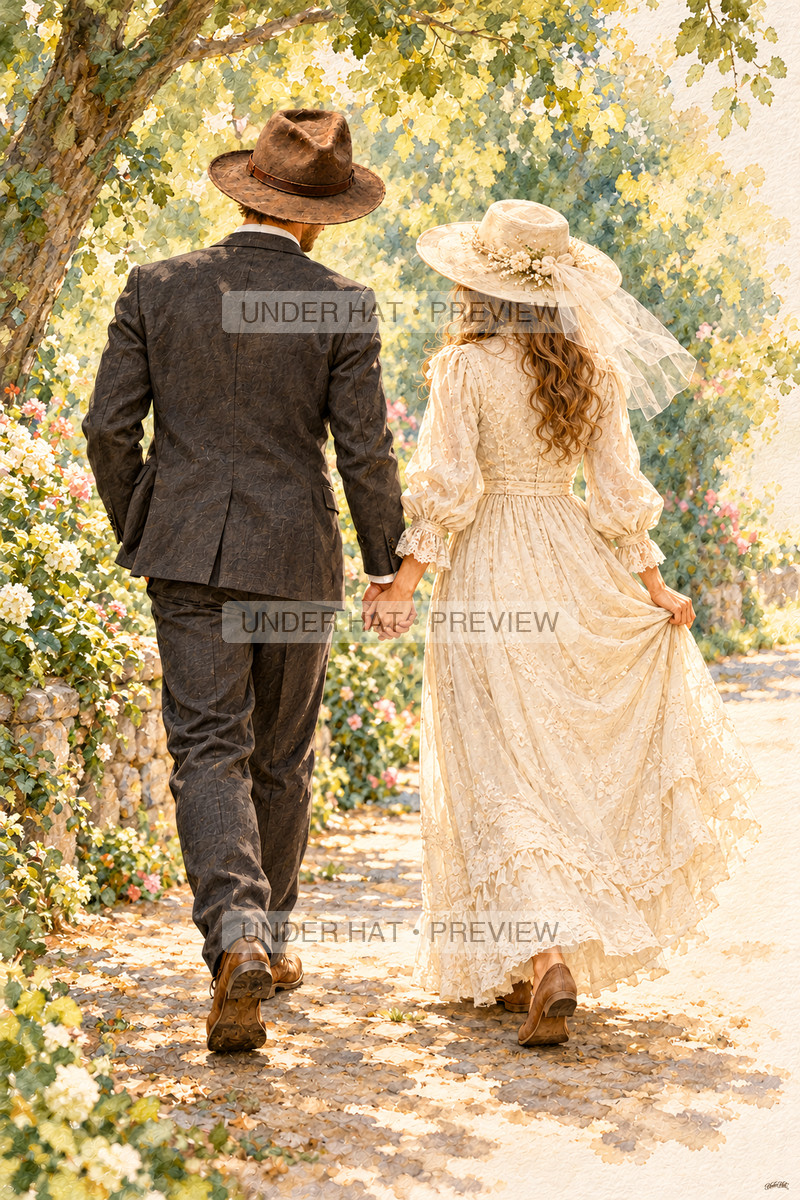 Seen from behind, a newly married couple walk hand in hand beneath leafy trees; the bride gently gathers the outer edge of her full-length ivory gown. (UH-TL-WED-C-04) — watermarked digital art preview
