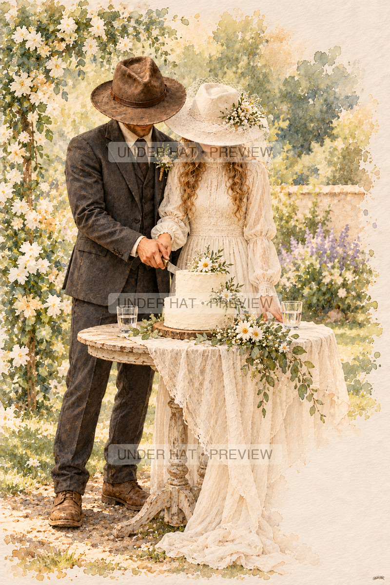 A bride and groom, their eyes hidden by their hats, guide a knife together into a small two-tier wedding cake on a garden table with two water glasses. (UH-TL-WED-C-05) — watermarked digital art preview