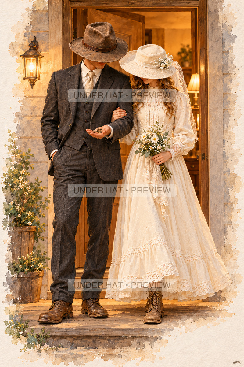 A newly married couple stand at a warmly lit doorway; the groom shows a small house key in his palm while the bride holds a bouquet and his arm. (UH-TL-WED-C-06) — watermarked digital art preview