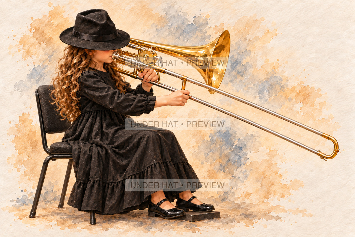 Brass, artwork UH-FO-BASS-TROMBONE-GIRL-01 — watermarked digital art preview