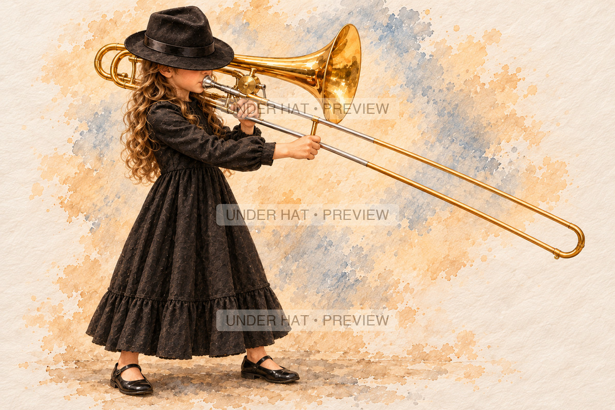 Brass, artwork UH-FO-BASS-TROMBONE-GIRL-02 — watermarked digital art preview