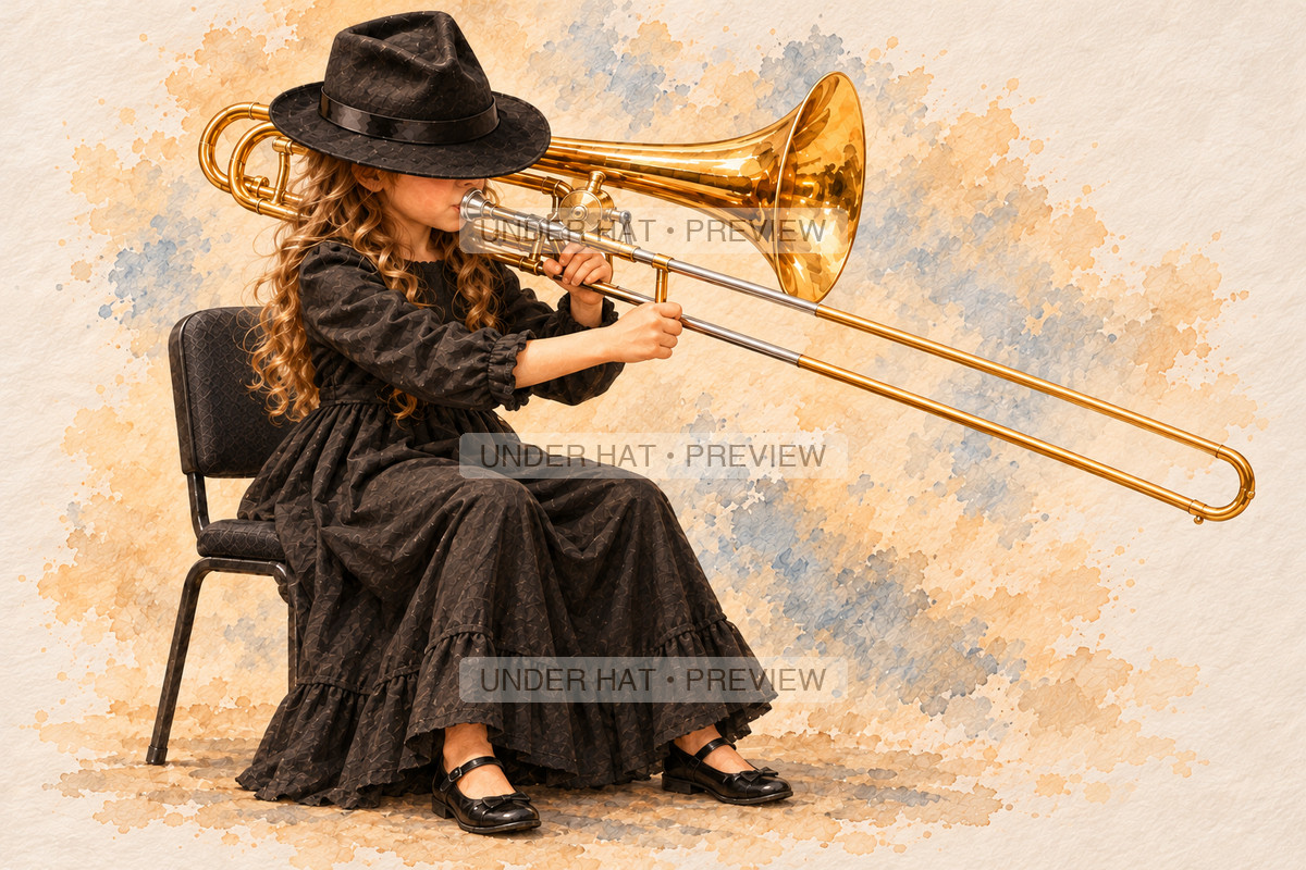 Brass, artwork UH-FO-BASS-TROMBONE-GIRL-03 — watermarked digital art preview