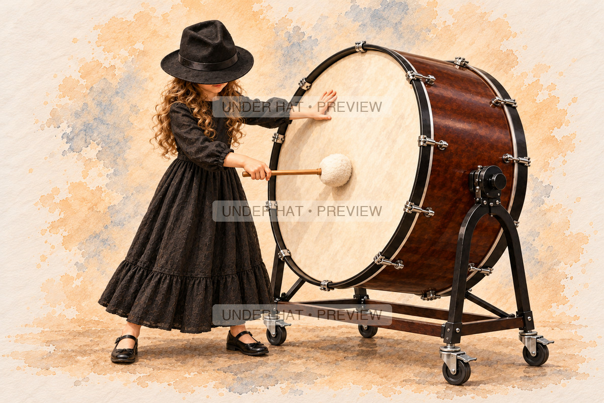 Percussion, artwork UH-FO-CONCERT-BASS-DRUM-GIRL-02 — watermarked digital art preview