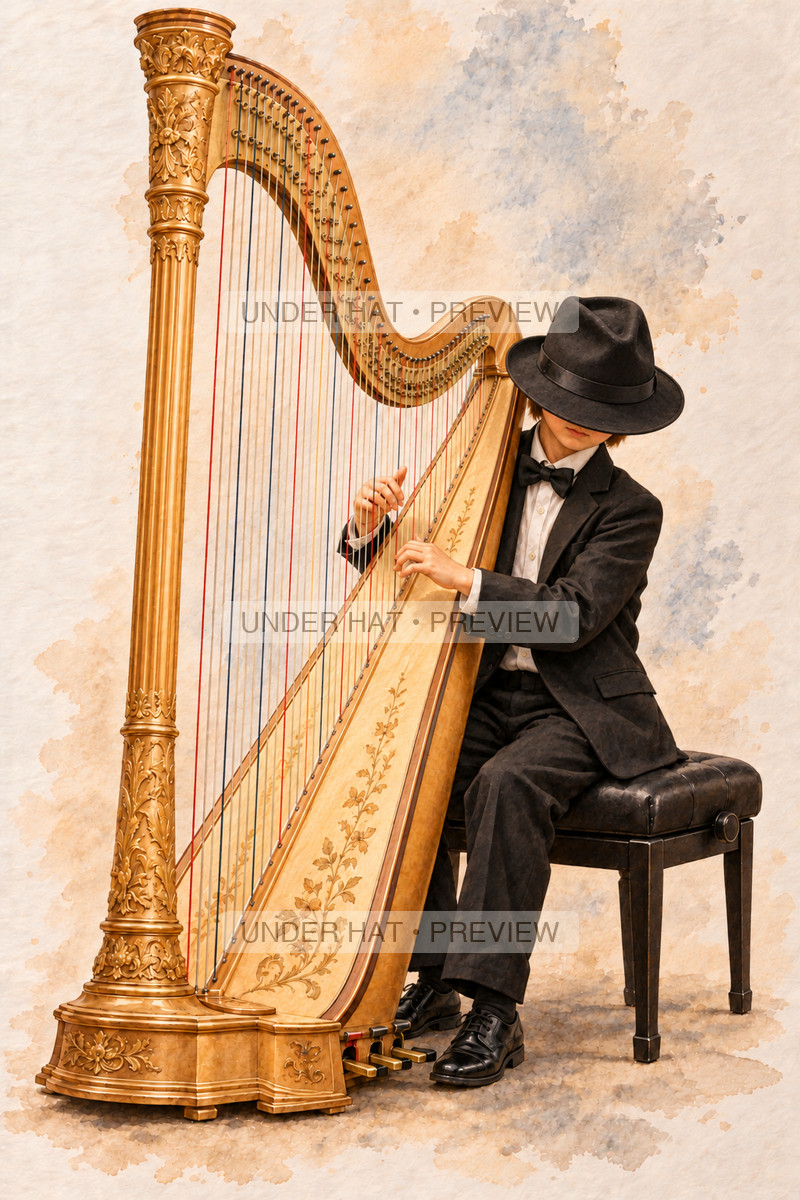 Strings, artwork UH-FO-CONCERT-PEDAL-HARP-BOY-01 — watermarked digital art preview