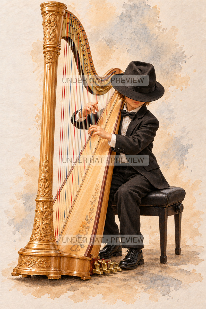 Strings, artwork UH-FO-CONCERT-PEDAL-HARP-BOY-02 — watermarked digital art preview