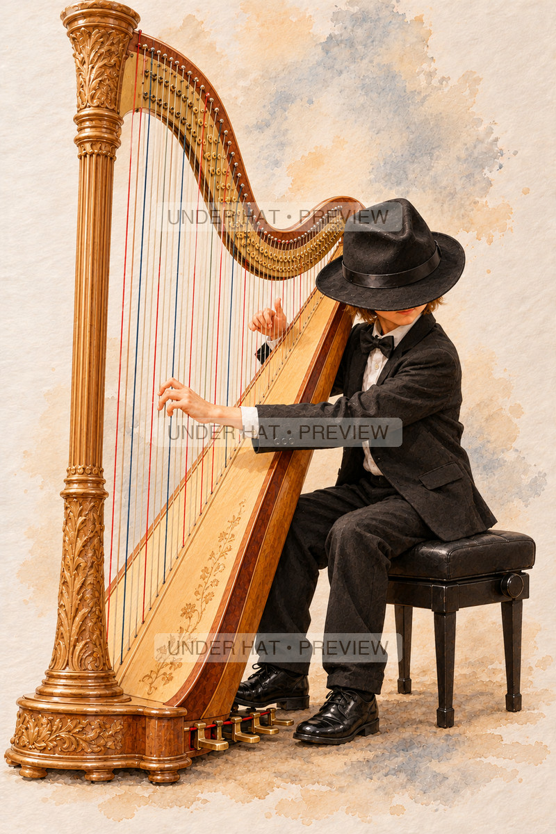 Strings, artwork UH-FO-CONCERT-PEDAL-HARP-BOY-03 — watermarked digital art preview