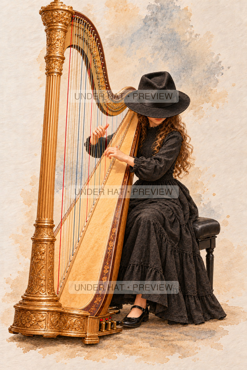 Strings, artwork UH-FO-CONCERT-PEDAL-HARP-GIRL-02 — watermarked digital art preview