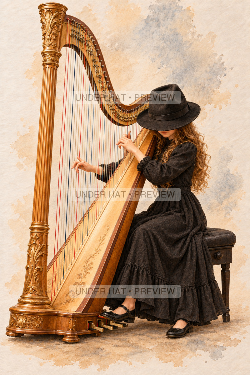 Strings, artwork UH-FO-CONCERT-PEDAL-HARP-GIRL-03 — watermarked digital art preview