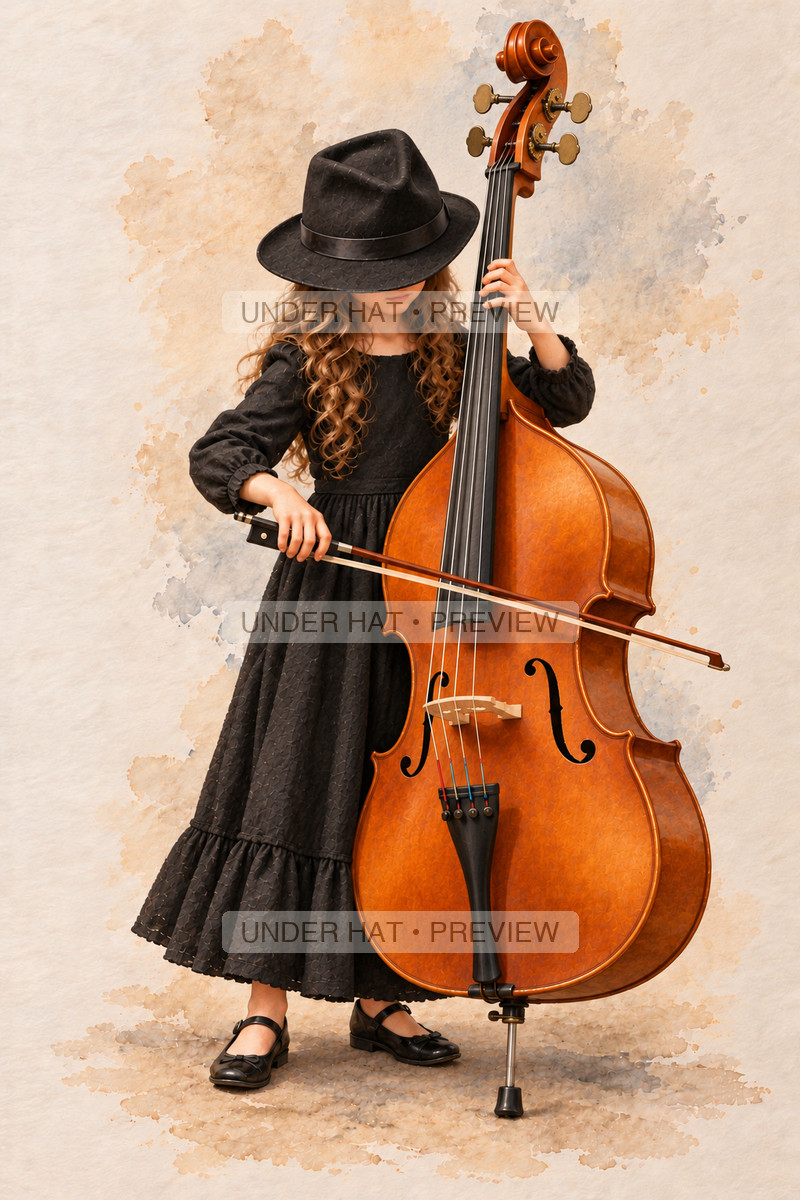 Strings, artwork UH-FO-DOUBLE-BASS-GIRL-01 — watermarked digital art preview