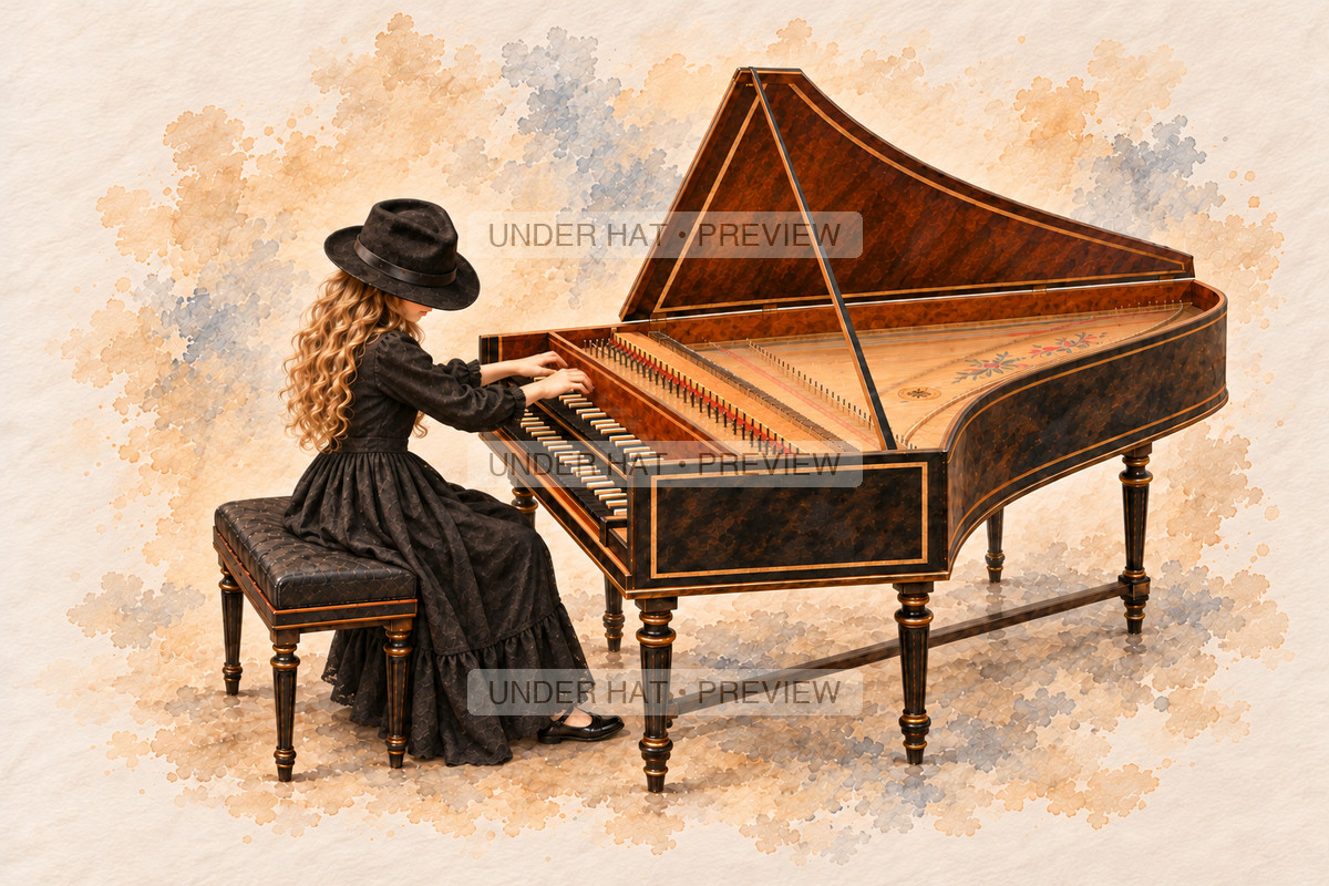 Keyboards, artwork UH-FO-HARPSICHORD-GIRL-02 — watermarked digital art preview