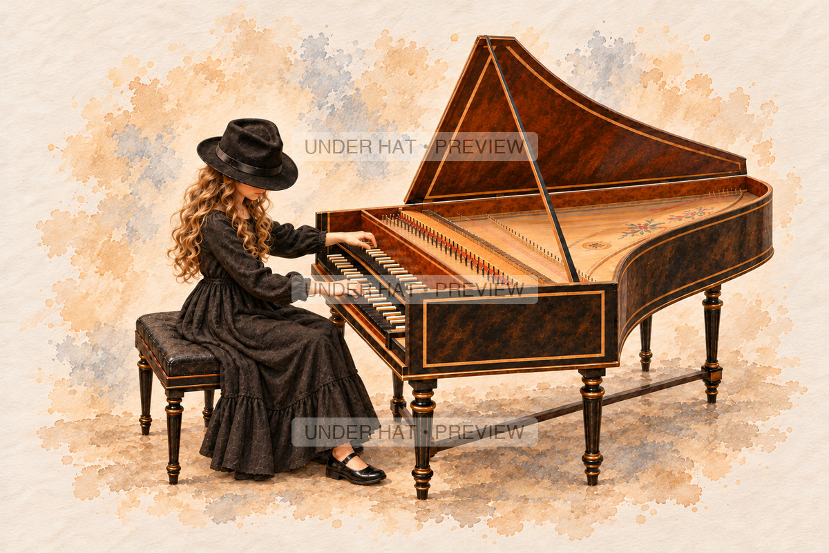 Keyboards, artwork UH-FO-HARPSICHORD-GIRL-03 — watermarked digital art preview
